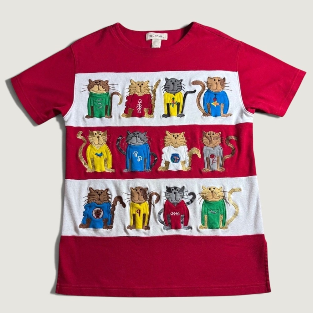 1990's Vintage embroidered Bechamel Cat Top Womens Small Red Excellent Cotton